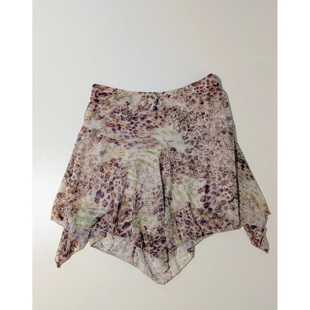 See You Monday Mesh Floral Leopard Print Handkerchief Hem Mini Skirt Medium